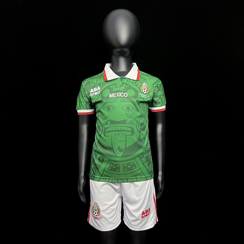 Mexico 1998 Kids Home Retro Kit Green Jersey + White Shorts