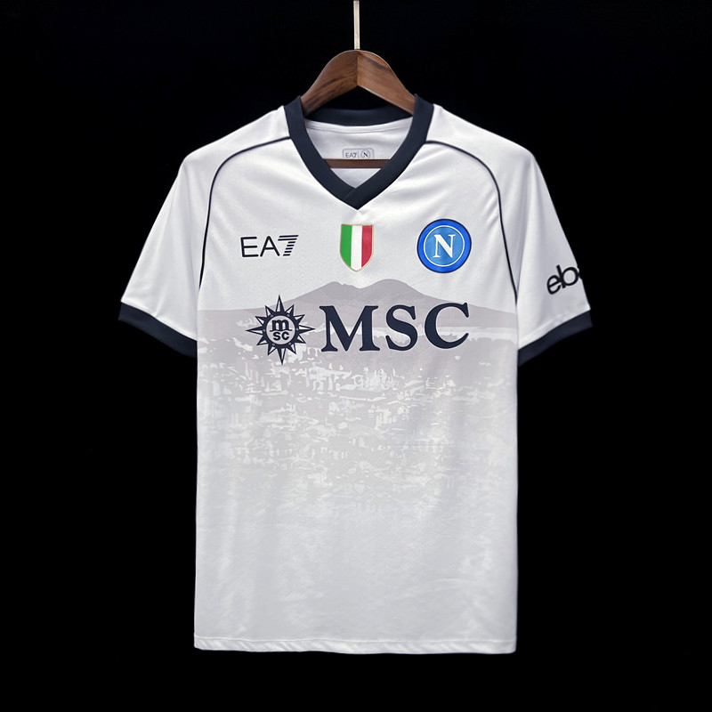 SSC Napoli Away Jersey 23/24 White Shirt with Vesuvius Design