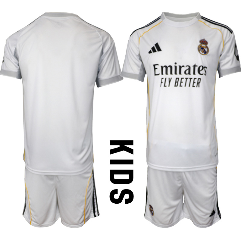 Kids 2025-26 Real Madrid Home Football Kit With Shorts